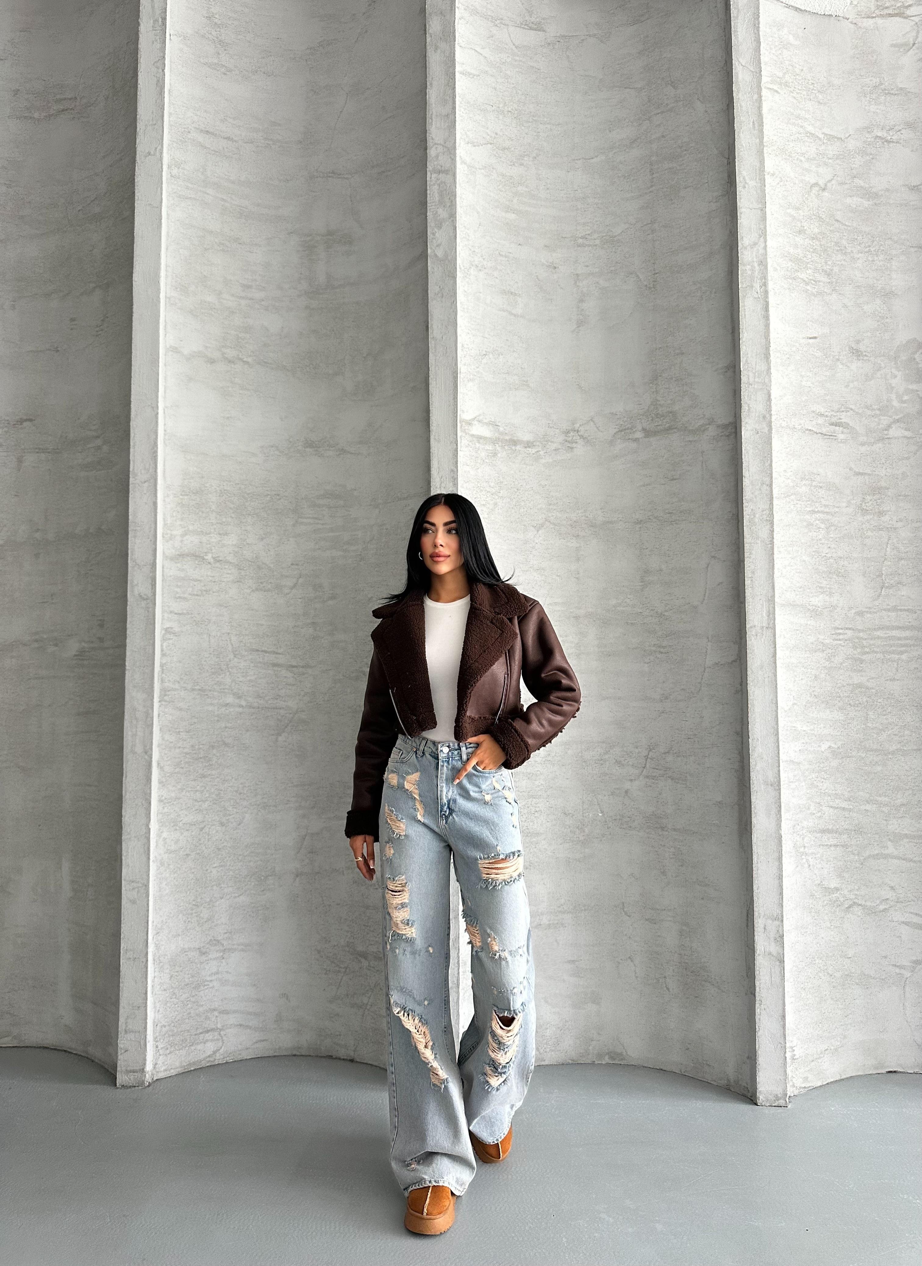 Kıvırcık Kürklü Crop Kahverengi Deri Ceket