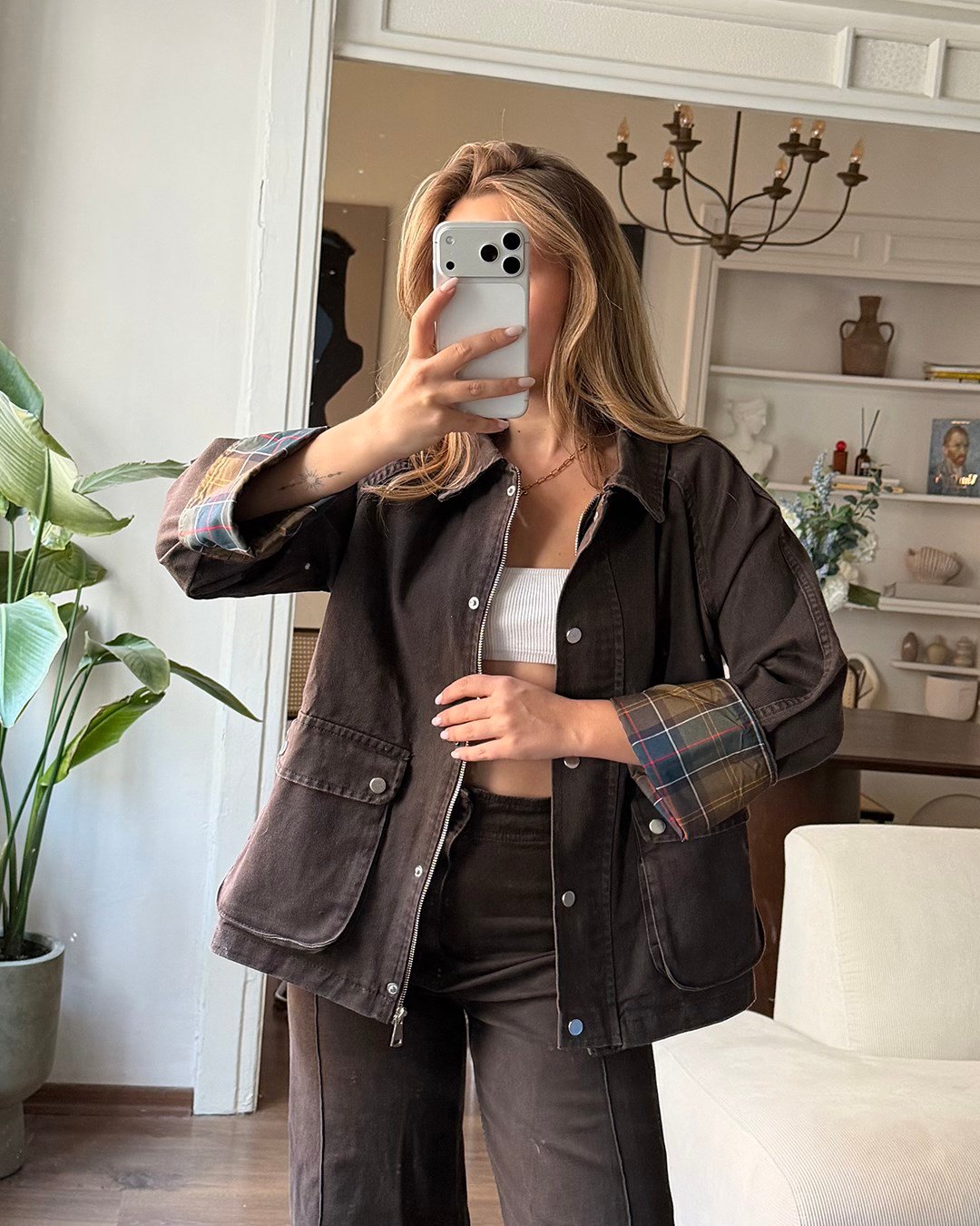 Kontrast Detaylı Ekose Oversize Ceket