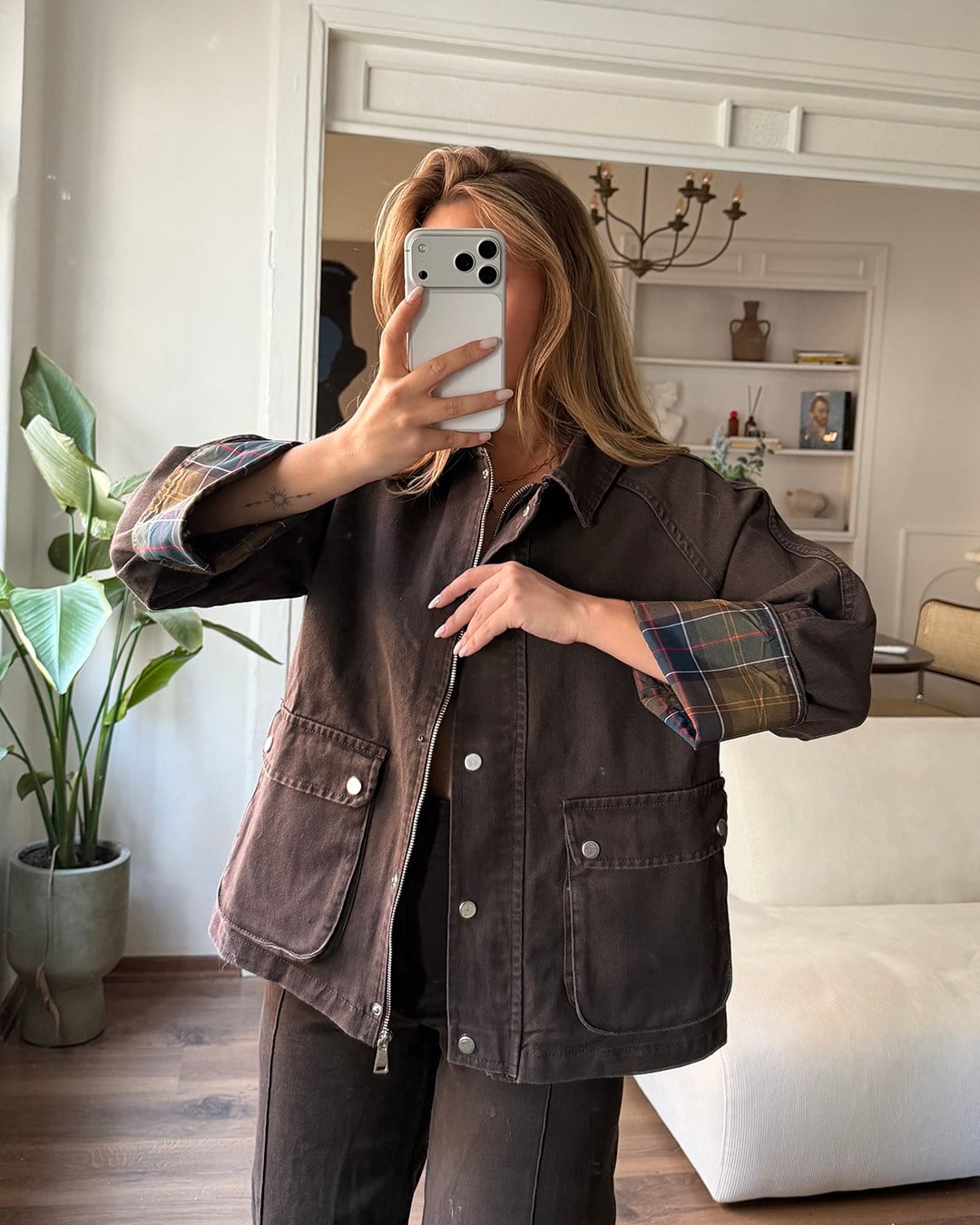 Kontrast Detaylı Ekose Oversize Ceket
