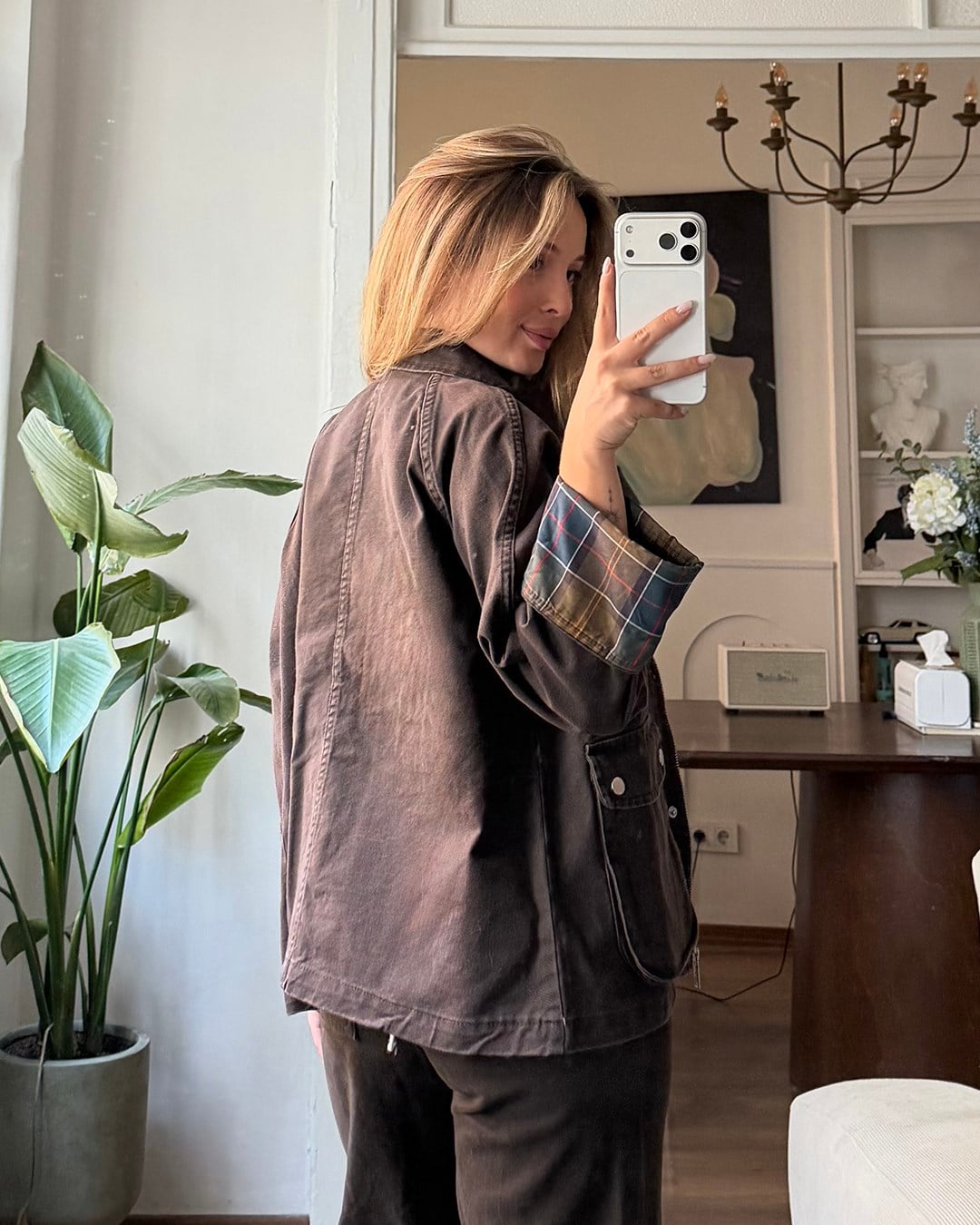 Kontrast Detaylı Ekose Oversize Ceket