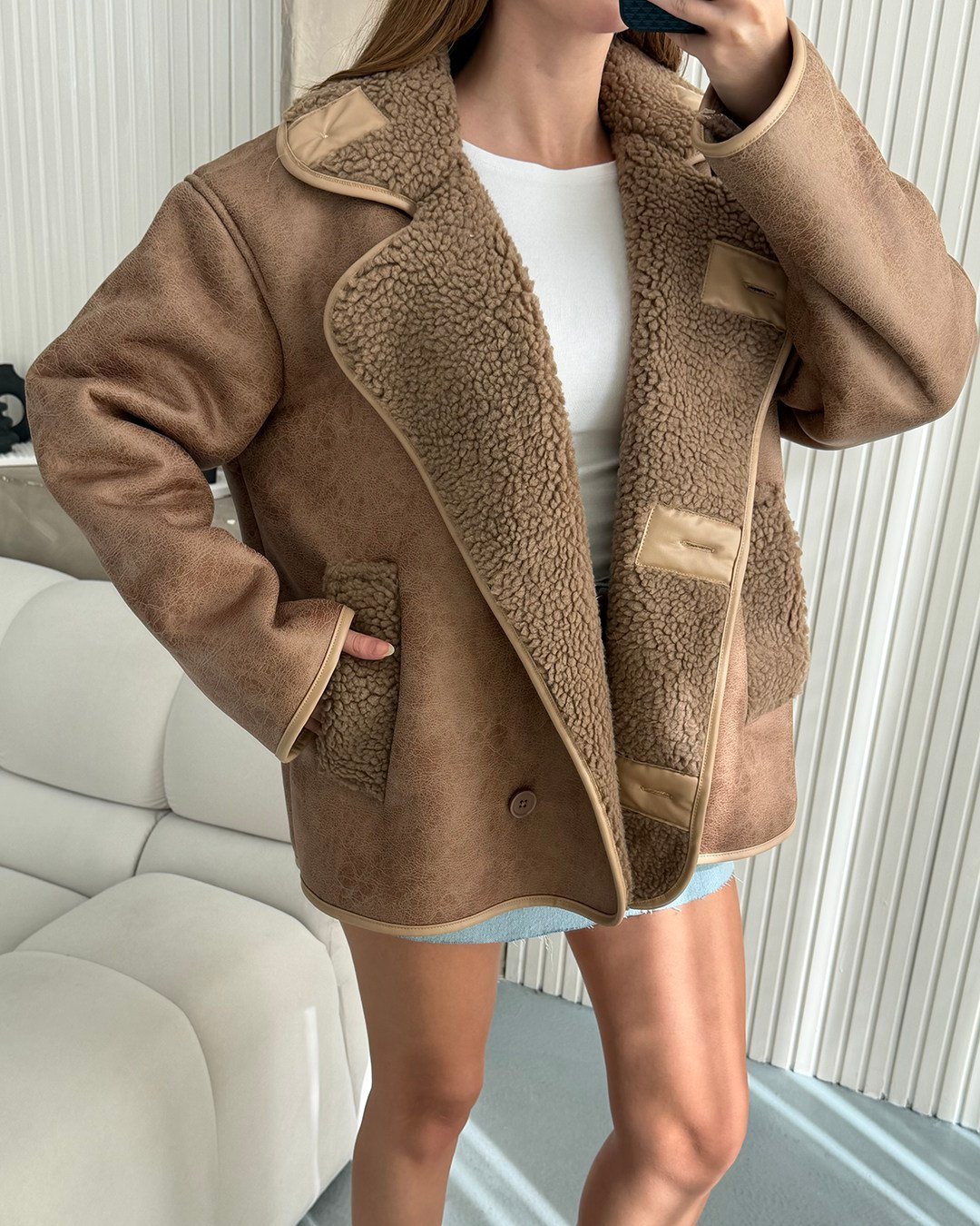 Kora Peluş Detaylı Taba Ceket