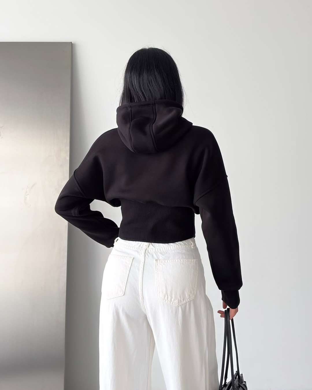 Korse Bel Detaylı Fermuarlı Crop Kapüşonlu Siyah Sweatshirt