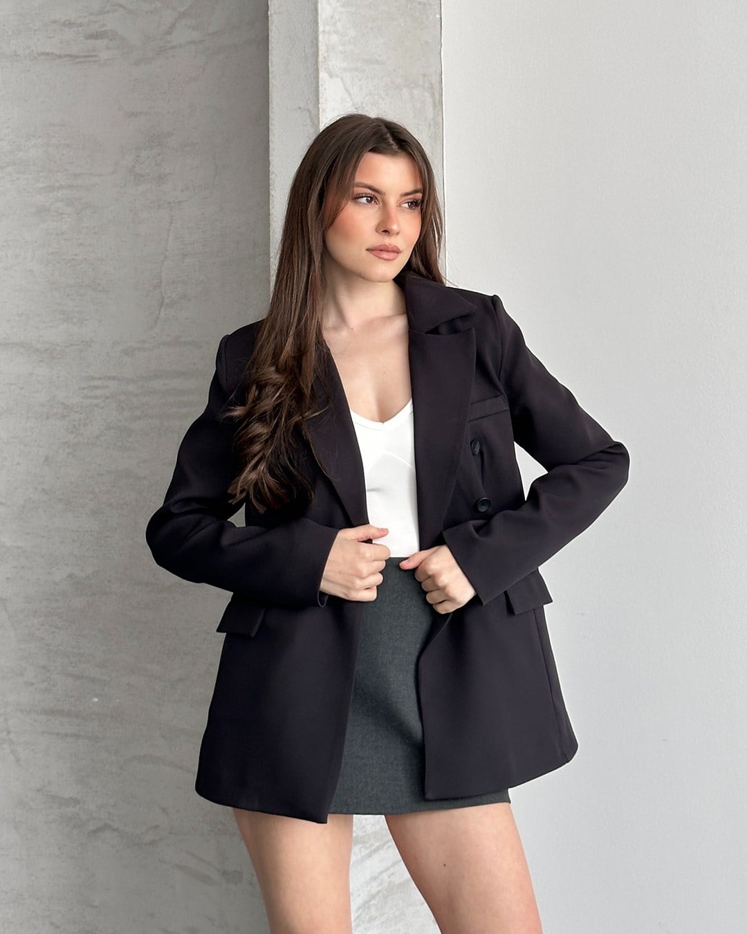 Kruvaze Yaka Siyah Blazer Ceket
