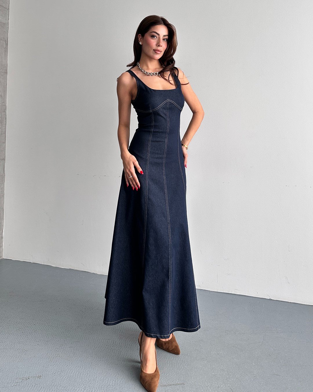 Lacivert Denim Midi Elbise