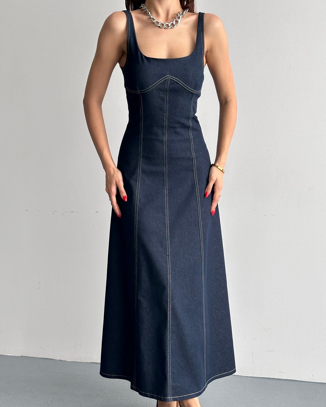 Lacivert Denim Midi Elbise