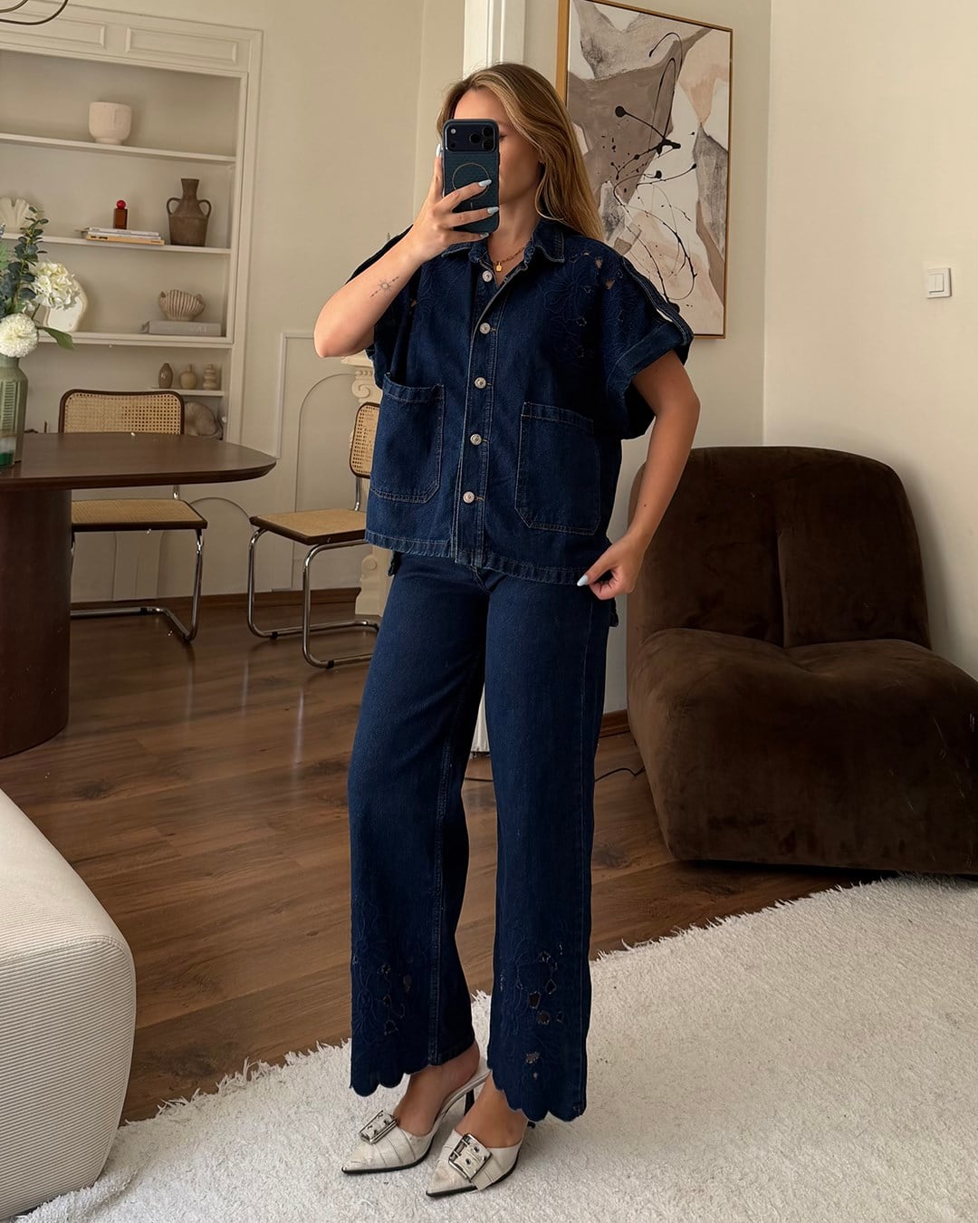 Lacivert Güpür Nakışlı Denim İkili Takım