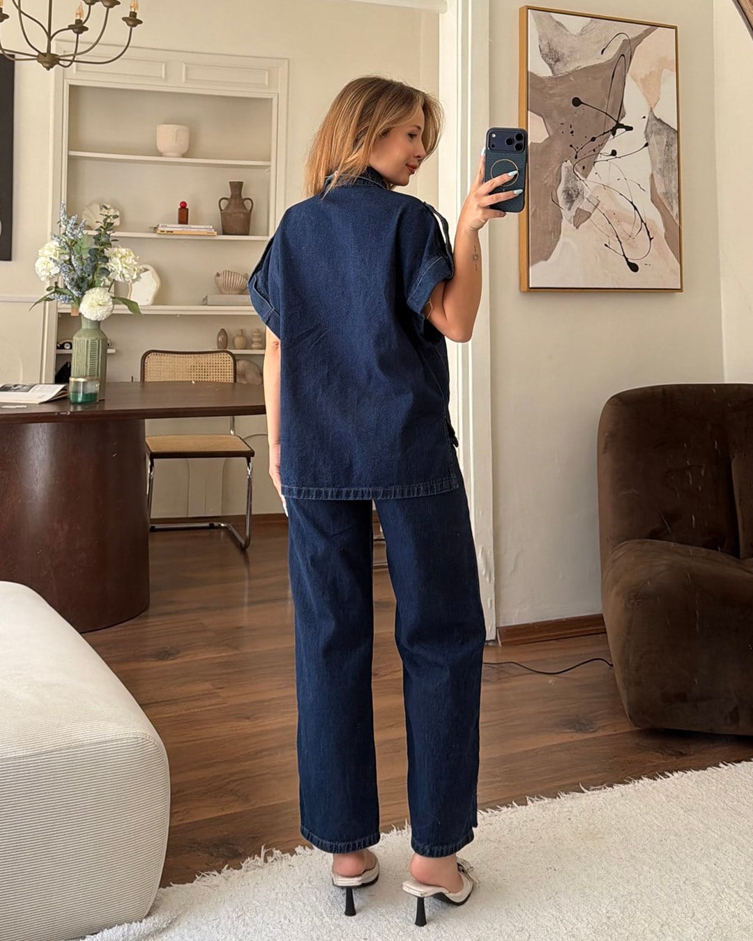 Lacivert Güpür Nakışlı Denim İkili Takım