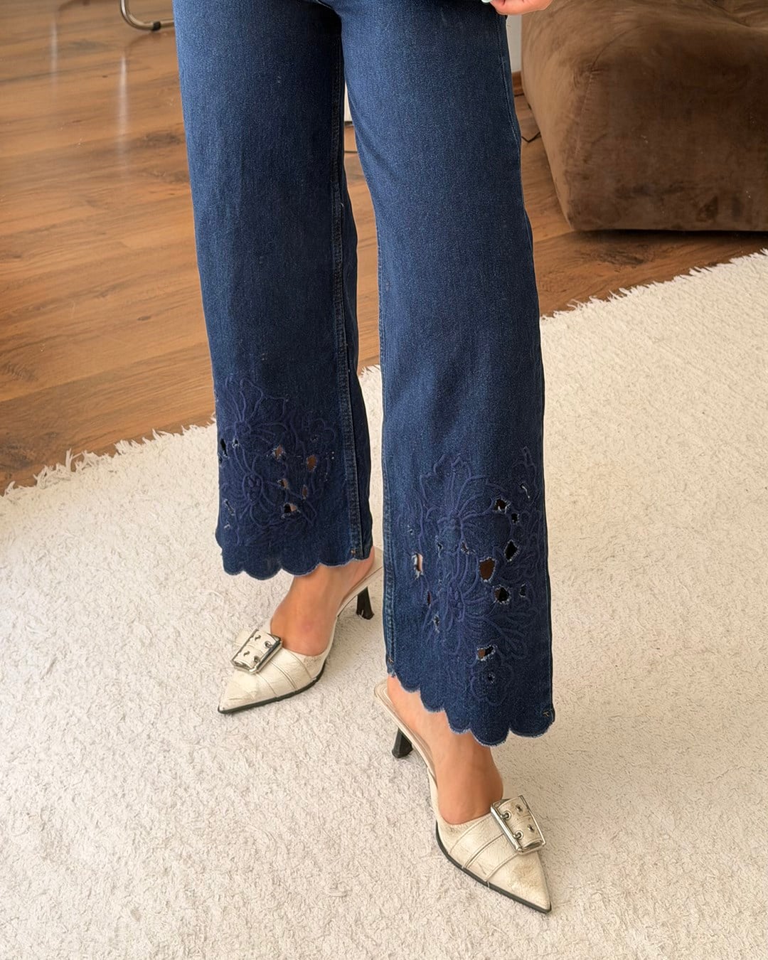 Lacivert Güpür Nakışlı Denim İkili Takım
