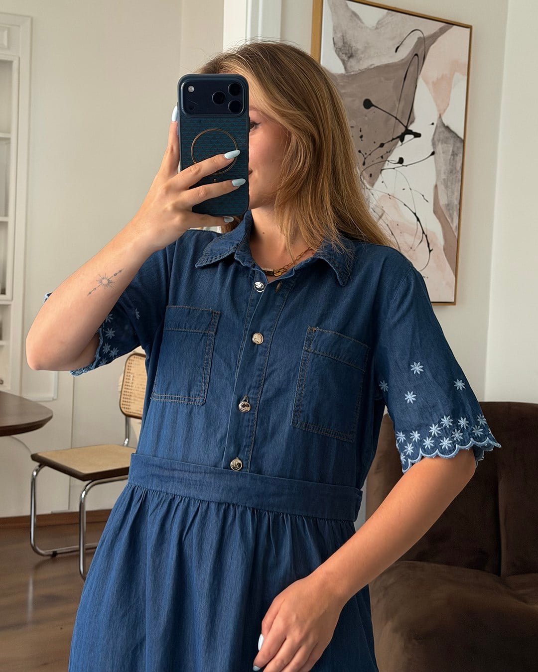 Lacivert Nakışlı Denim Gömlek Elbise