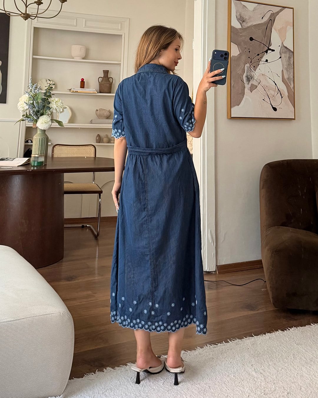 Lacivert Nakışlı Denim Gömlek Elbise