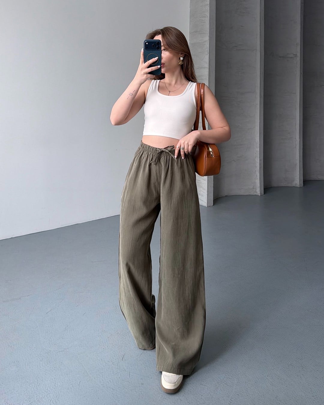 Lastikli Oversize Haki Pantolon