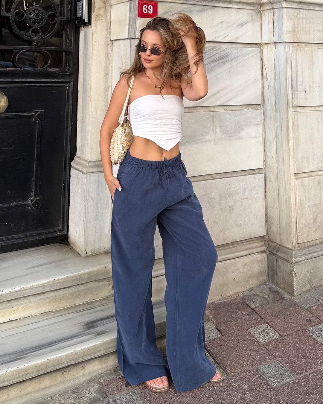 Lastikli Oversize Lacivert Pantolon