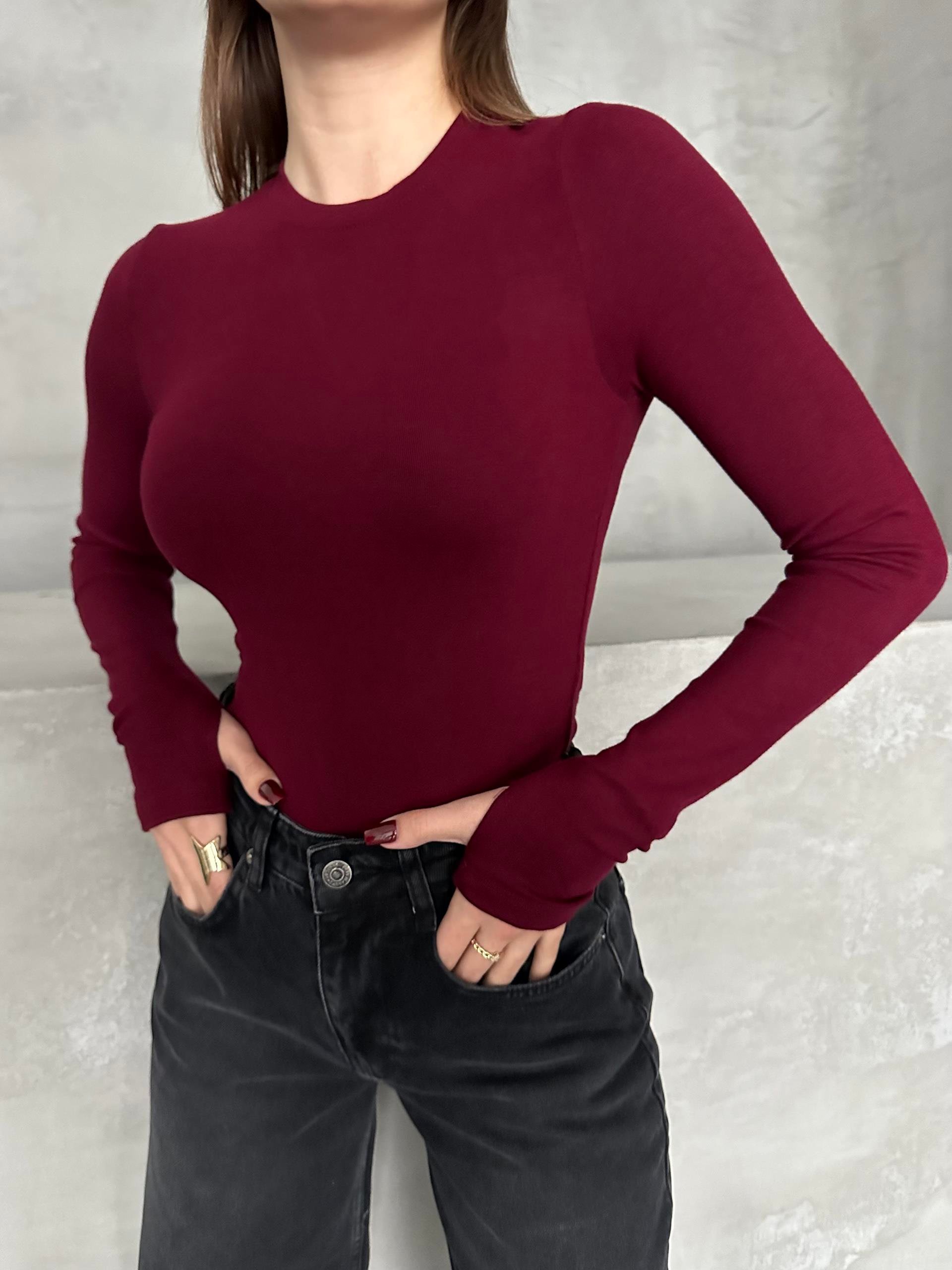 Likralı Buzzy Bordo Parmak Geçmeli Badi Bluz
