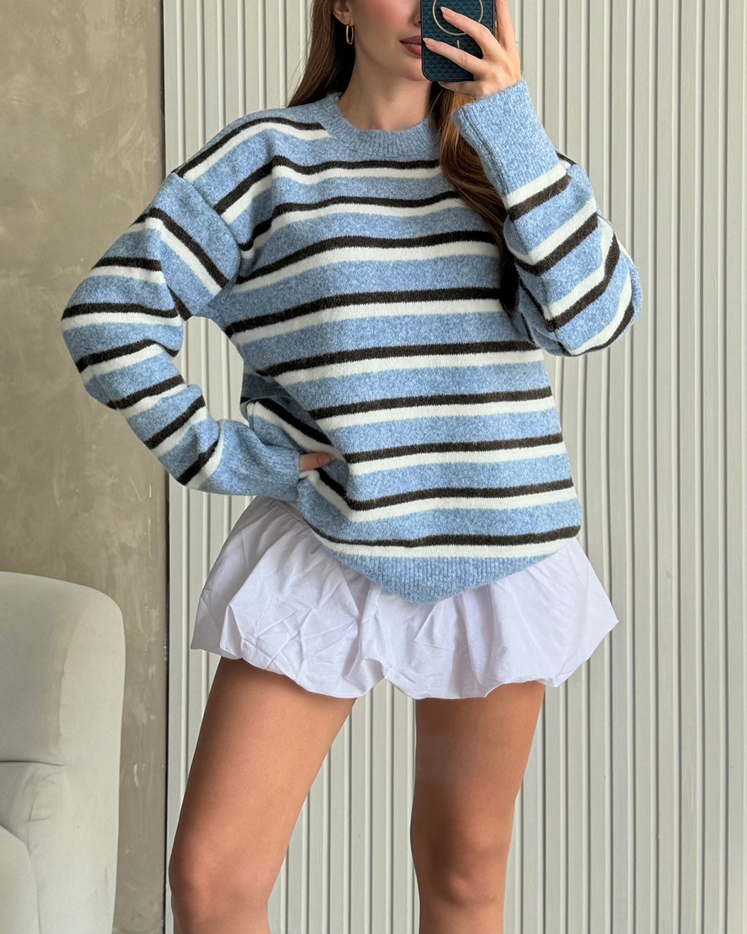 Lora Çizgili Mavi Triko