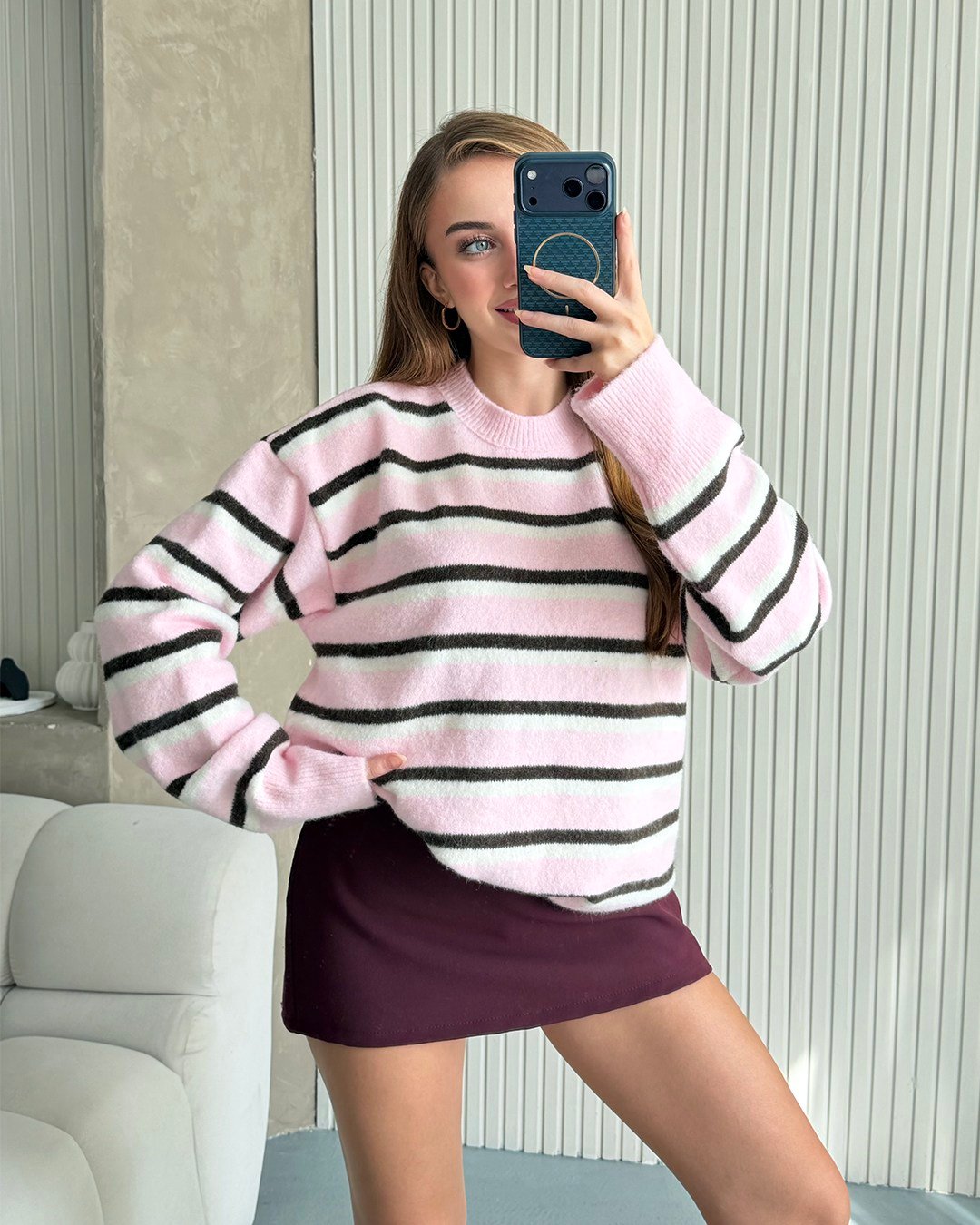Lora Çizgili Pembe Triko