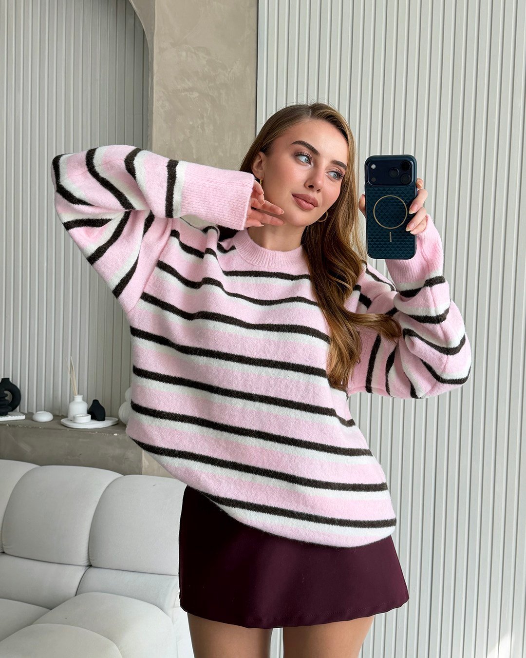 Lora Çizgili Pembe Triko