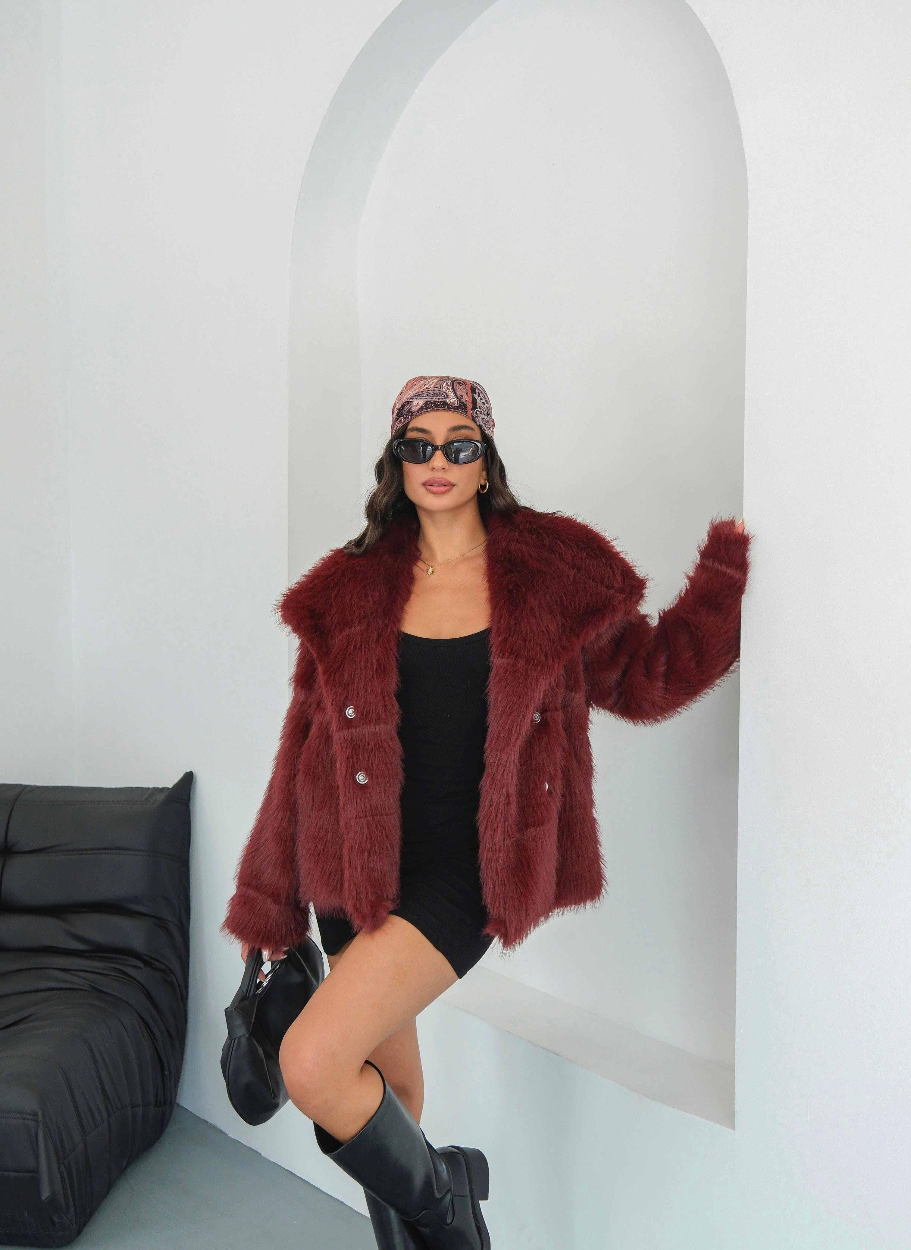 Luna Bordo Oversize Kürk Ceket