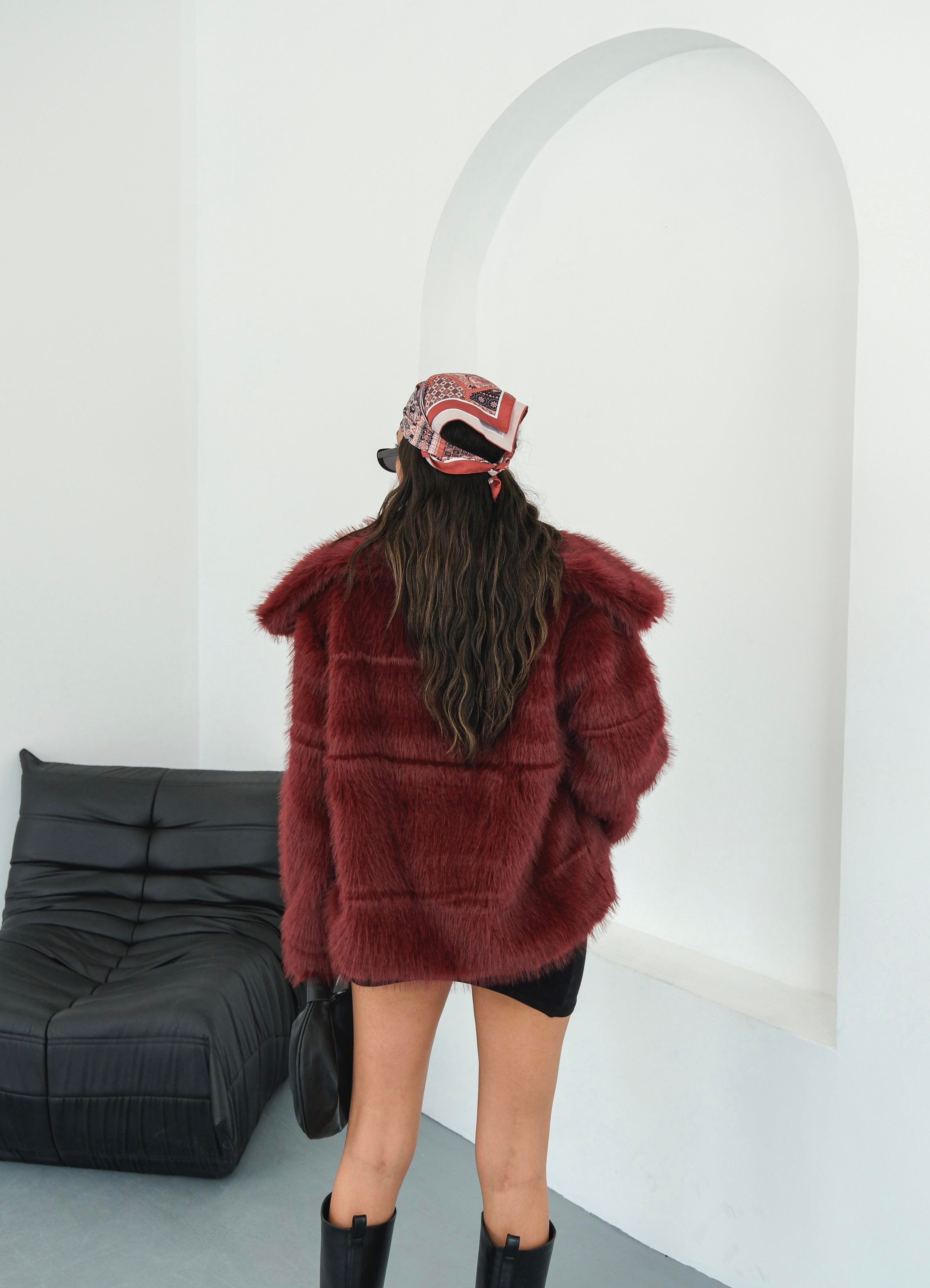 Luna Bordo Oversize Kürk Ceket