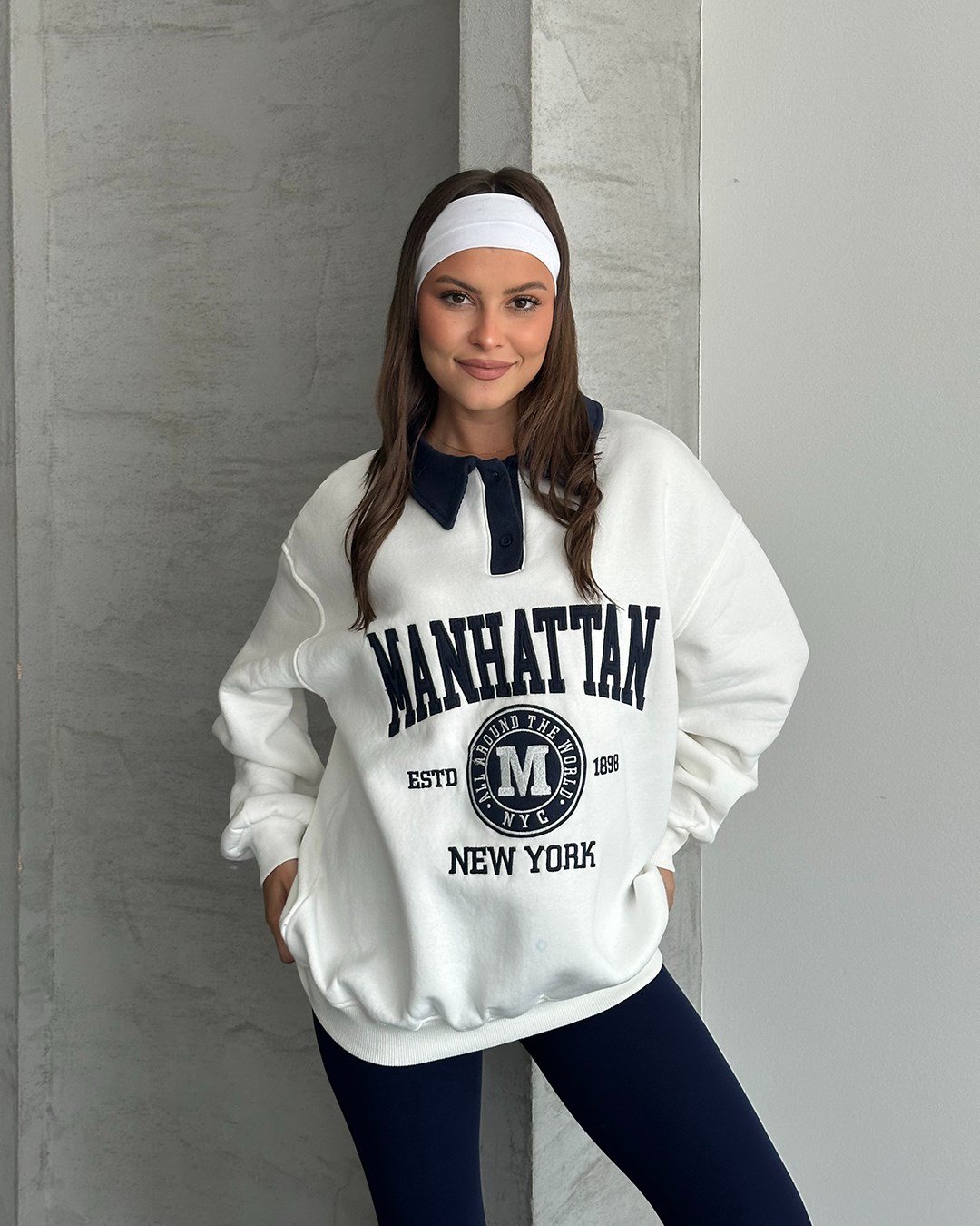 Manhattan Nakışlı Polo Yaka Beyaz Sweatshirt