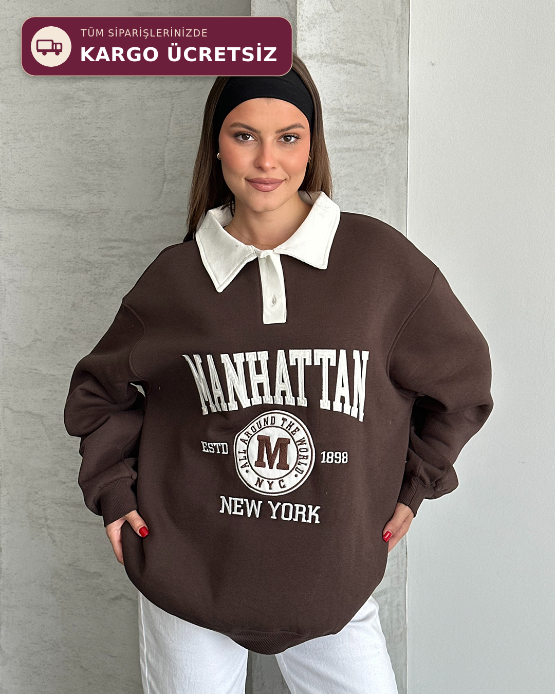 Manhattan Nakışlı Polo Yaka Kahverengi Sweatshirt