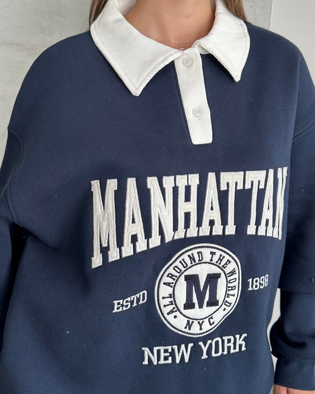 Manhattan Nakışlı Polo Yaka Lacivert Sweatshirt