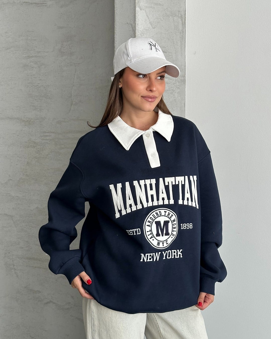 Manhattan Nakışlı Polo Yaka Lacivert Sweatshirt