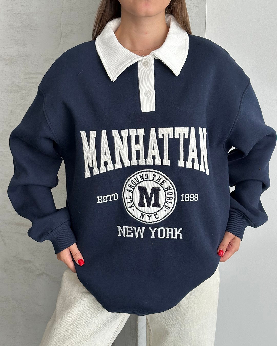 Manhattan Nakışlı Polo Yaka Lacivert Sweatshirt