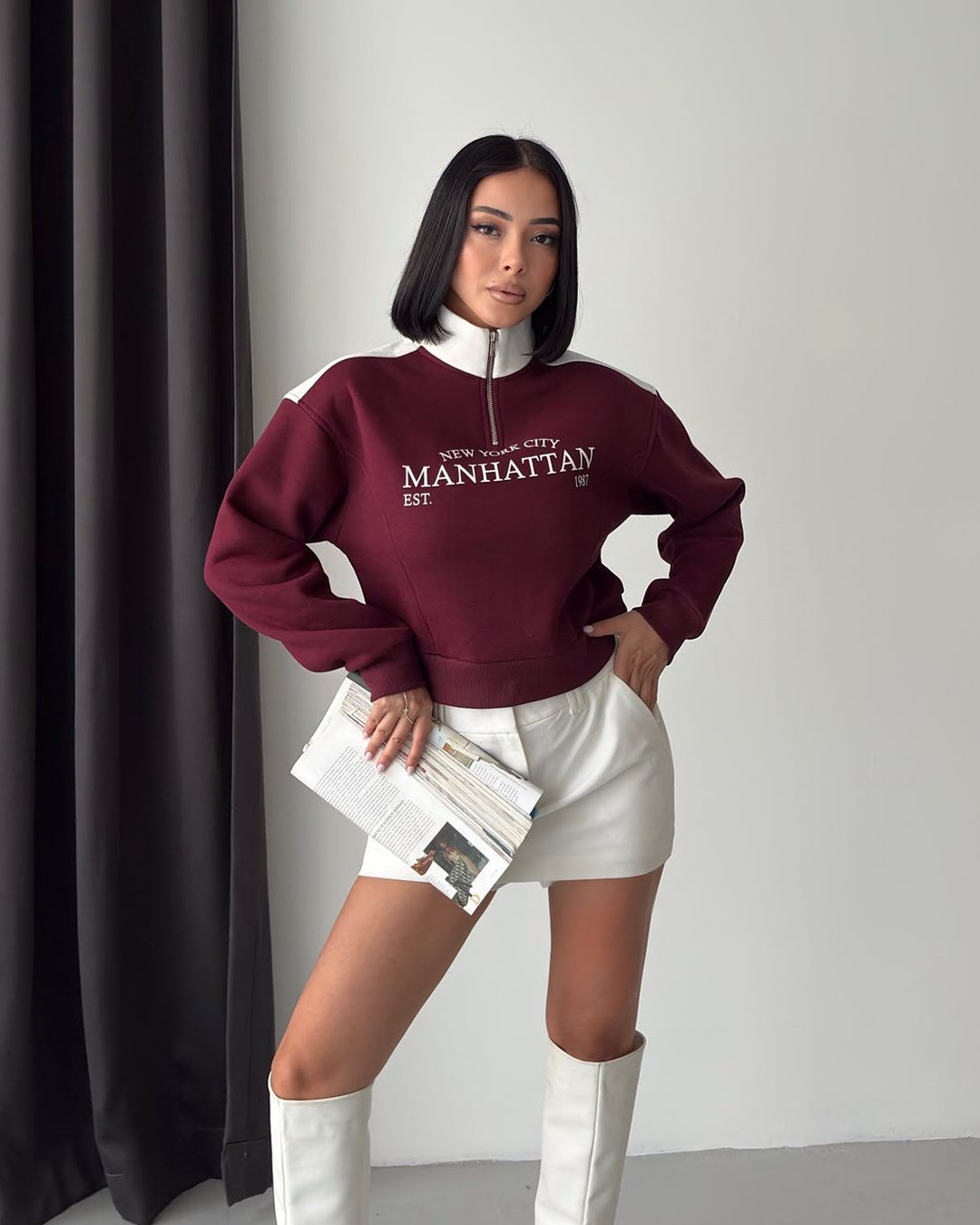 Manhattan Yarım Fermuarlı Crop Bordo Sweatshirt