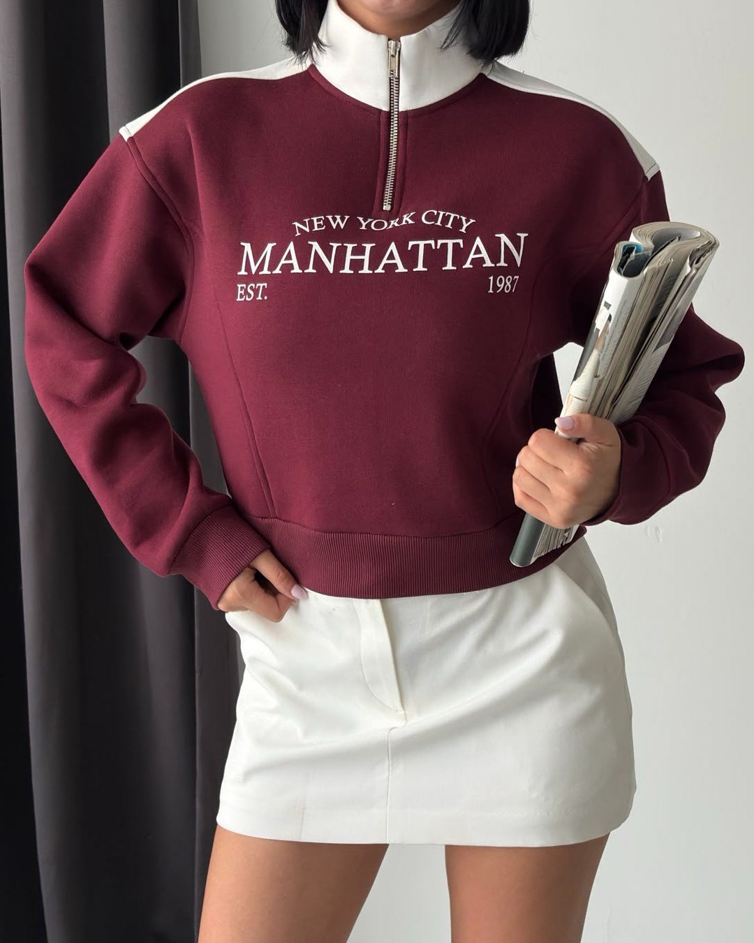 Manhattan Yarım Fermuarlı Crop Bordo Sweatshirt