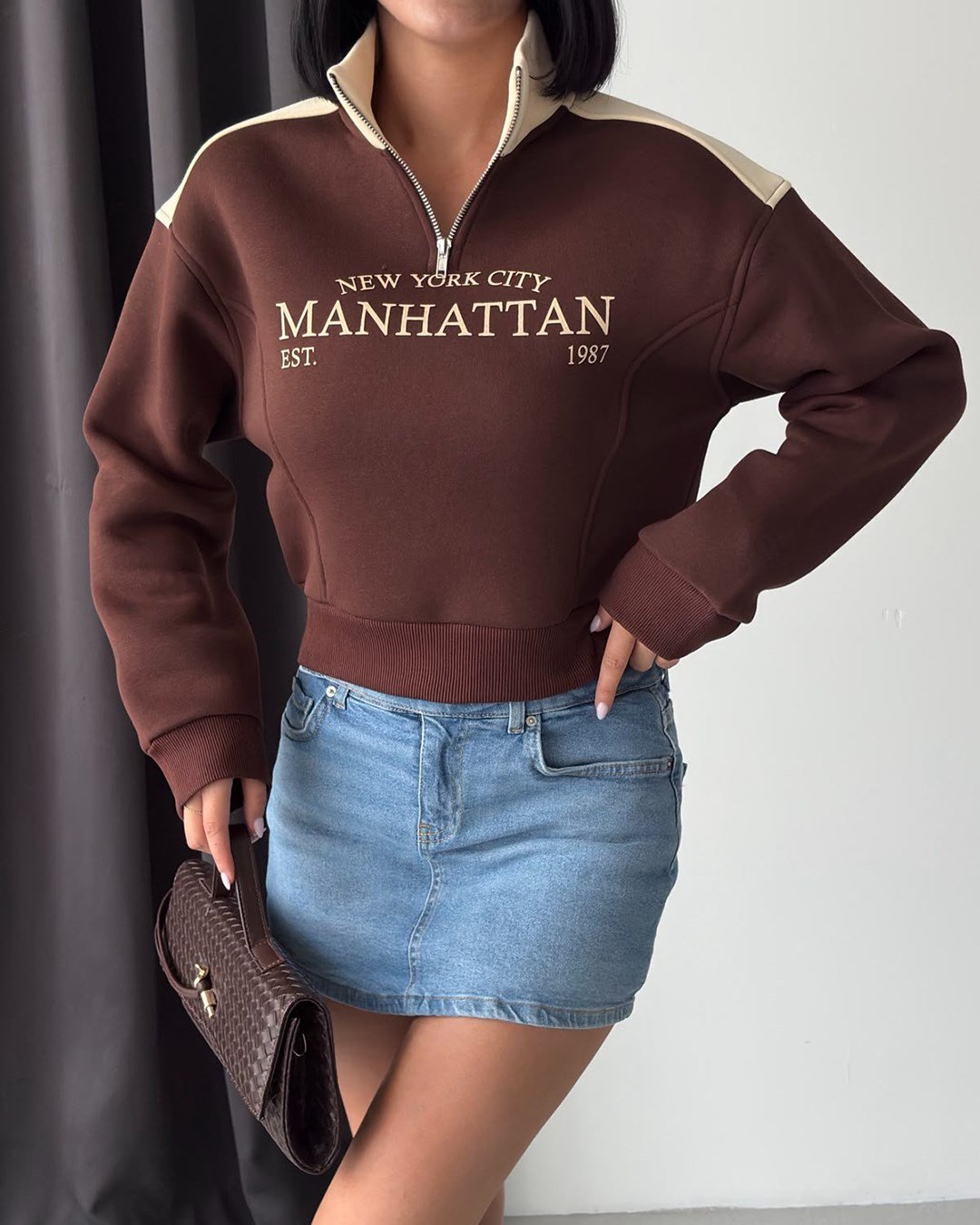 Manhattan Yarım Fermuarlı Crop Kahverengi Sweatshirt