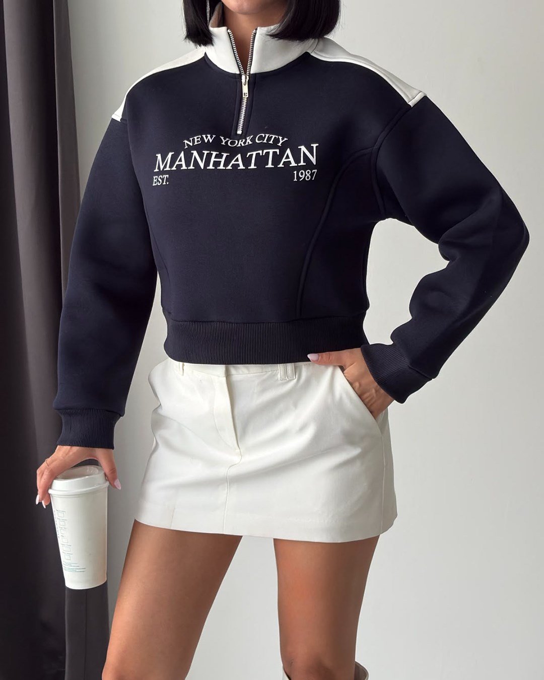 Manhattan Yarım Fermuarlı Crop Lacivert Sweatshirt