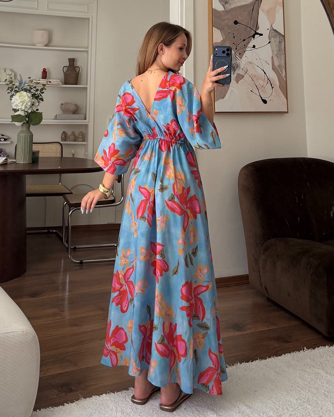Mavi Çiçekli Kimono Elbise