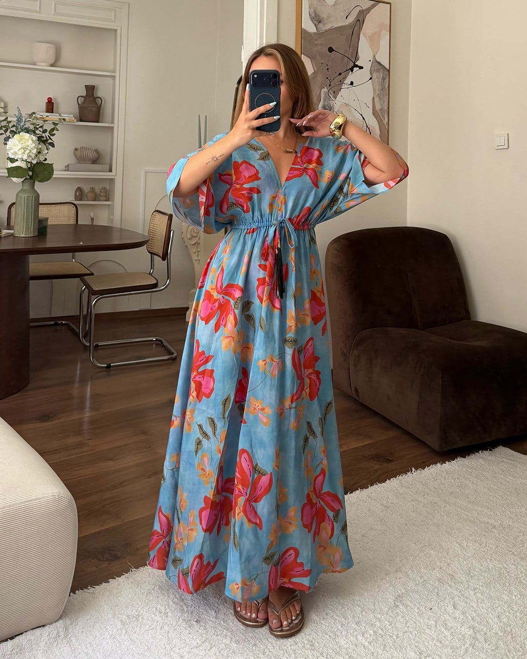 Mavi Çiçekli Kimono Elbise
