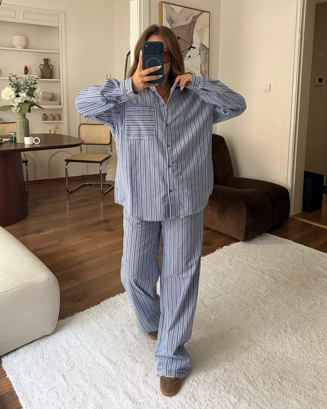 Mavi Çizgili Oversize Gömlek Pantolon Takım