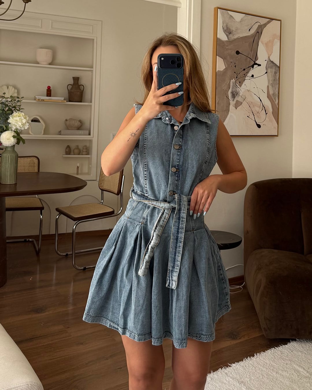 Mavi Düğme Kapamalı Denim Elbise