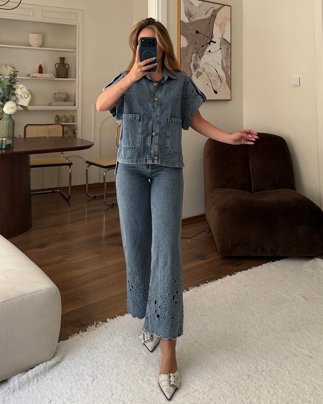 Mavi Güpür Nakışlı Denim İkili Takım
