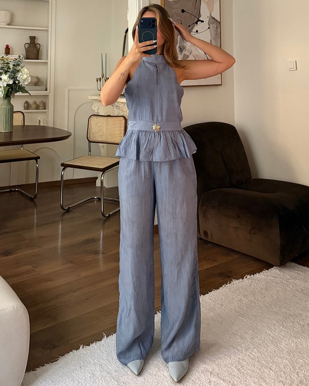 Mavi Halter Yaka Peplum Takım