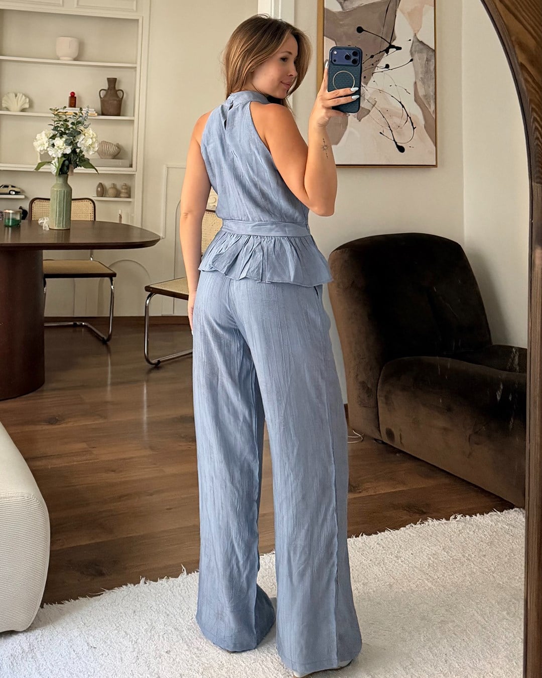 Mavi Halter Yaka Peplum Takım