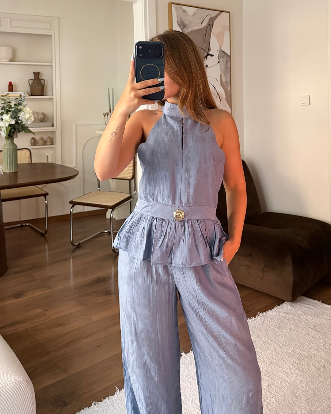 Mavi Halter Yaka Peplum Takım