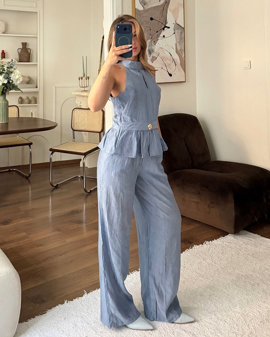 Mavi Halter Yaka Peplum Takım