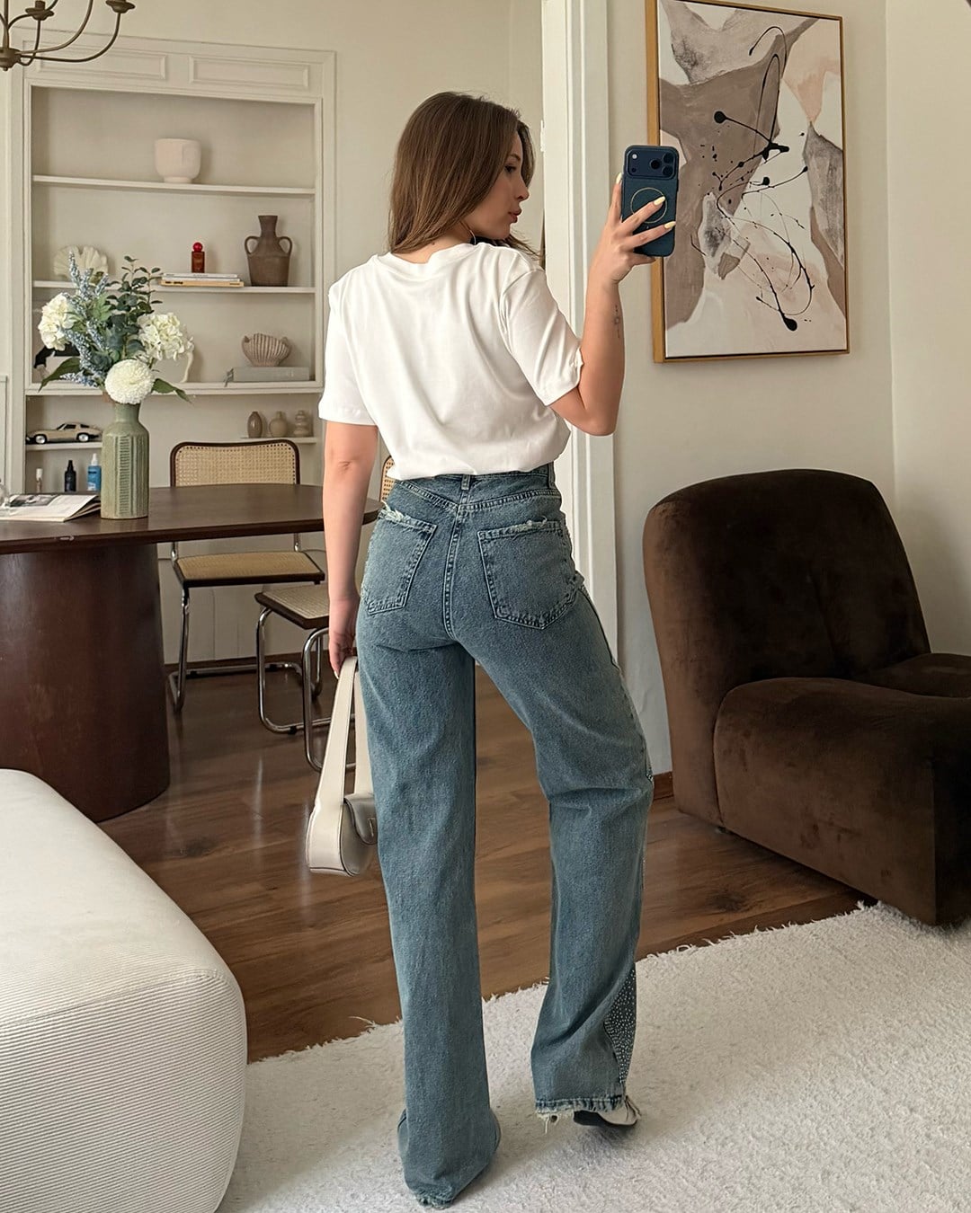 Mavi Taş Şeritli Wide Leg Jean