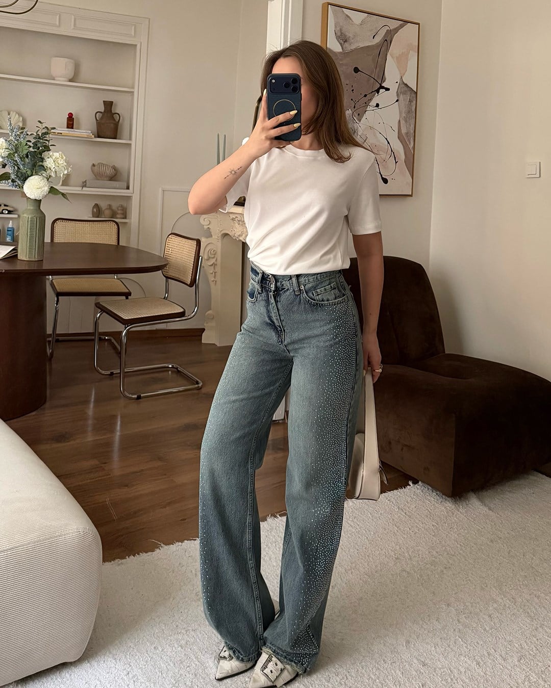 Mavi Taş Şeritli Wide Leg Jean
