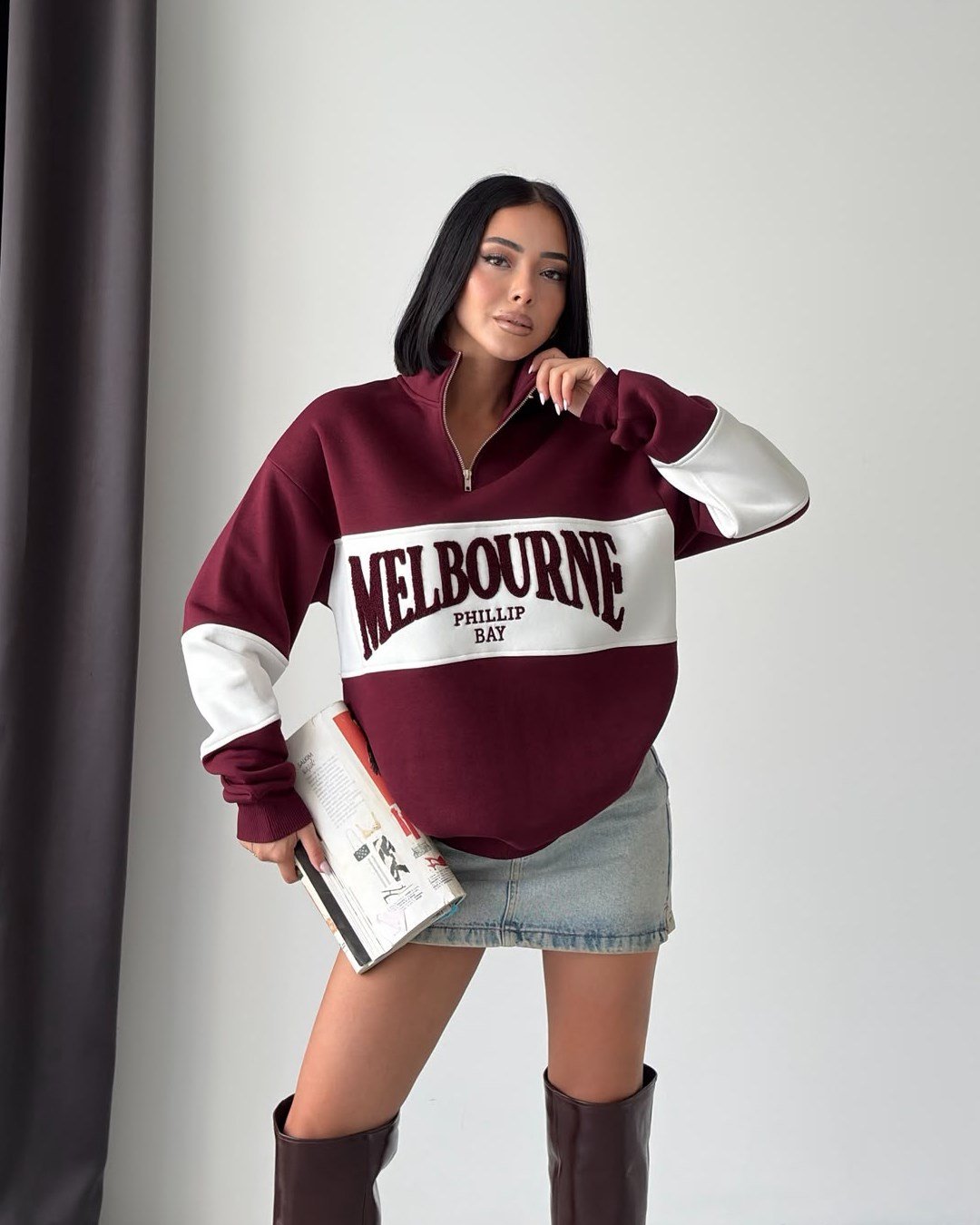 Melbourne Kabartma Nakışlı Yarım Fermuarlı Bordo Sweatshirt