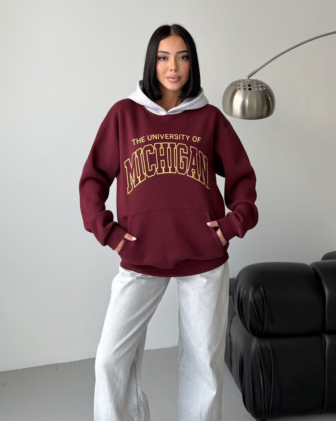 Michigan Baskılı Kapüşonlu Oversize Bordo Sweatshirt