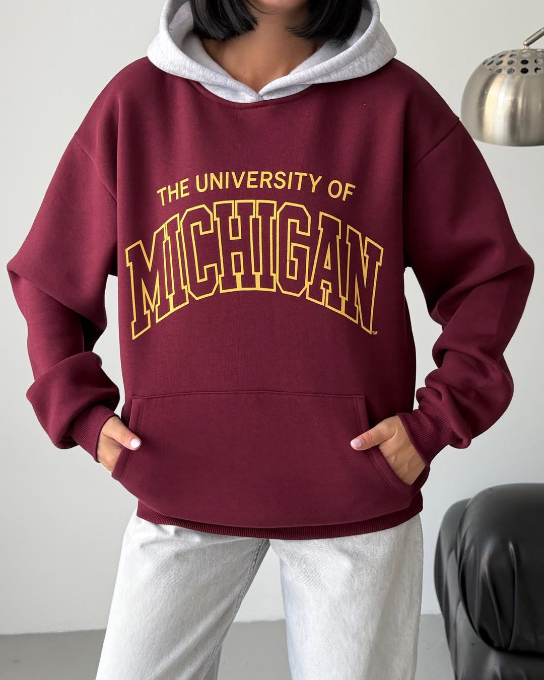 Michigan Baskılı Kapüşonlu Oversize Bordo Sweatshirt
