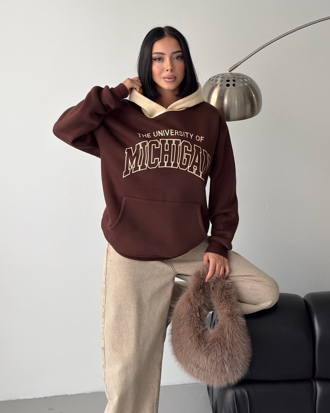 Michigan Baskılı Kapüşonlu Oversize Kahverengi Sweatshirt