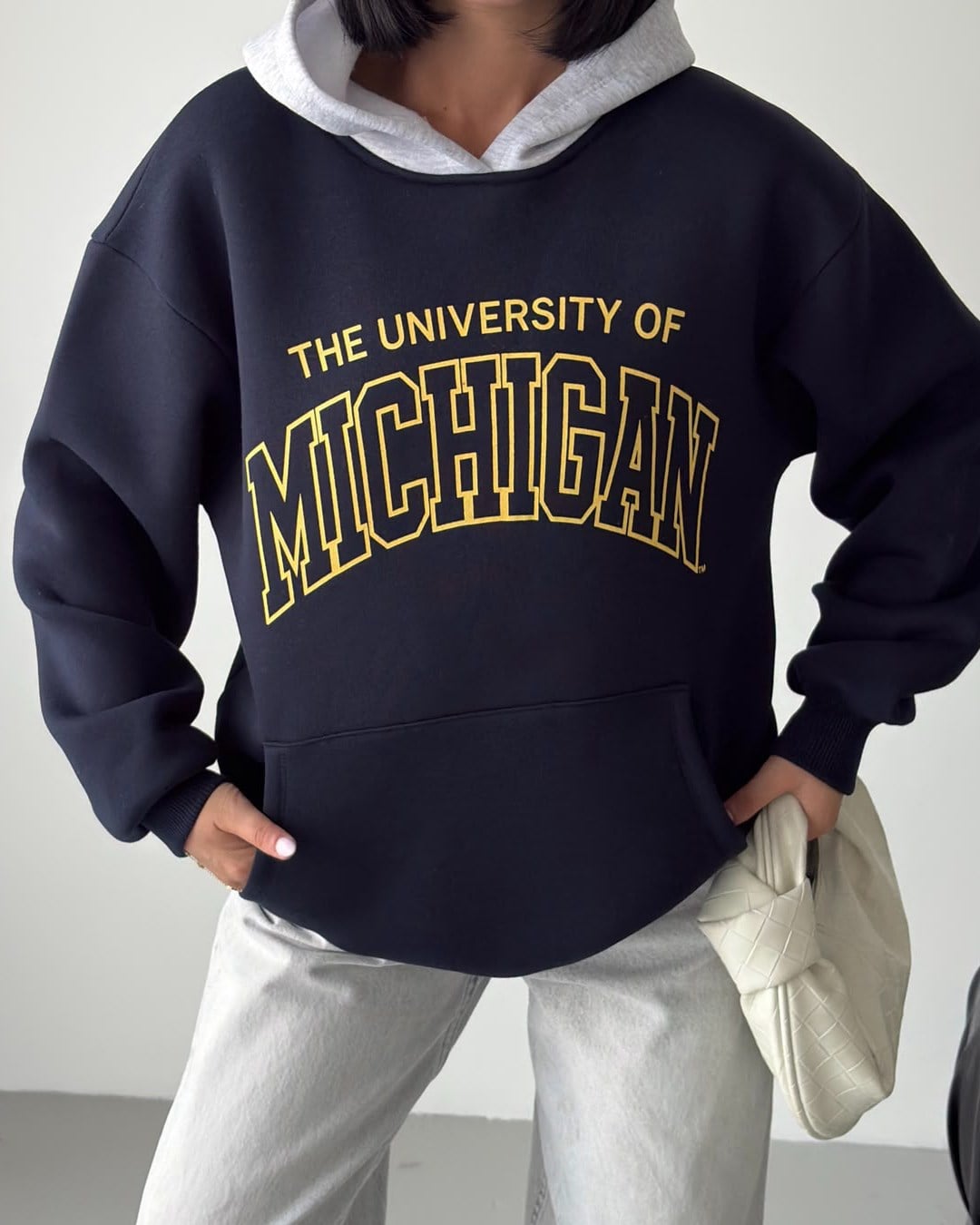 Michigan Baskılı Kapüşonlu Oversize Lacivert Sweatshirt