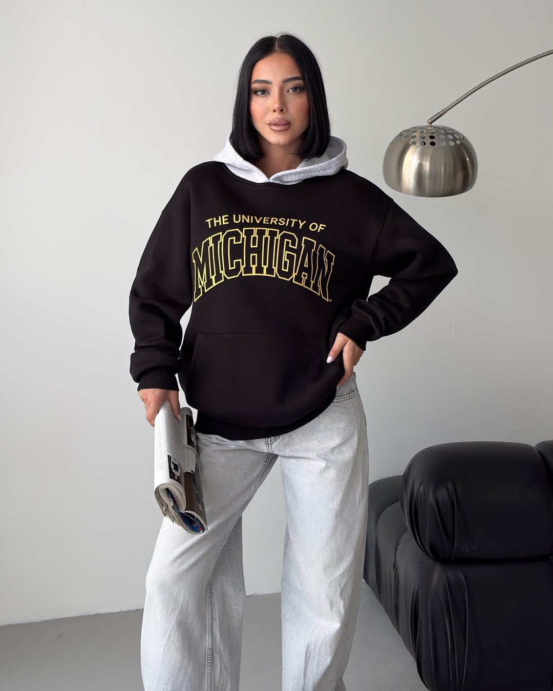 Michigan Baskılı Kapüşonlu Oversize Siyah Sweatshirt