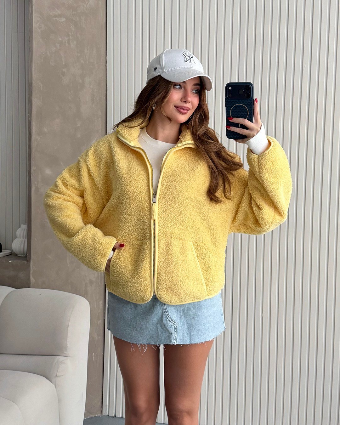 Mimoza Fermuarlı Sarı Peluş Ceket