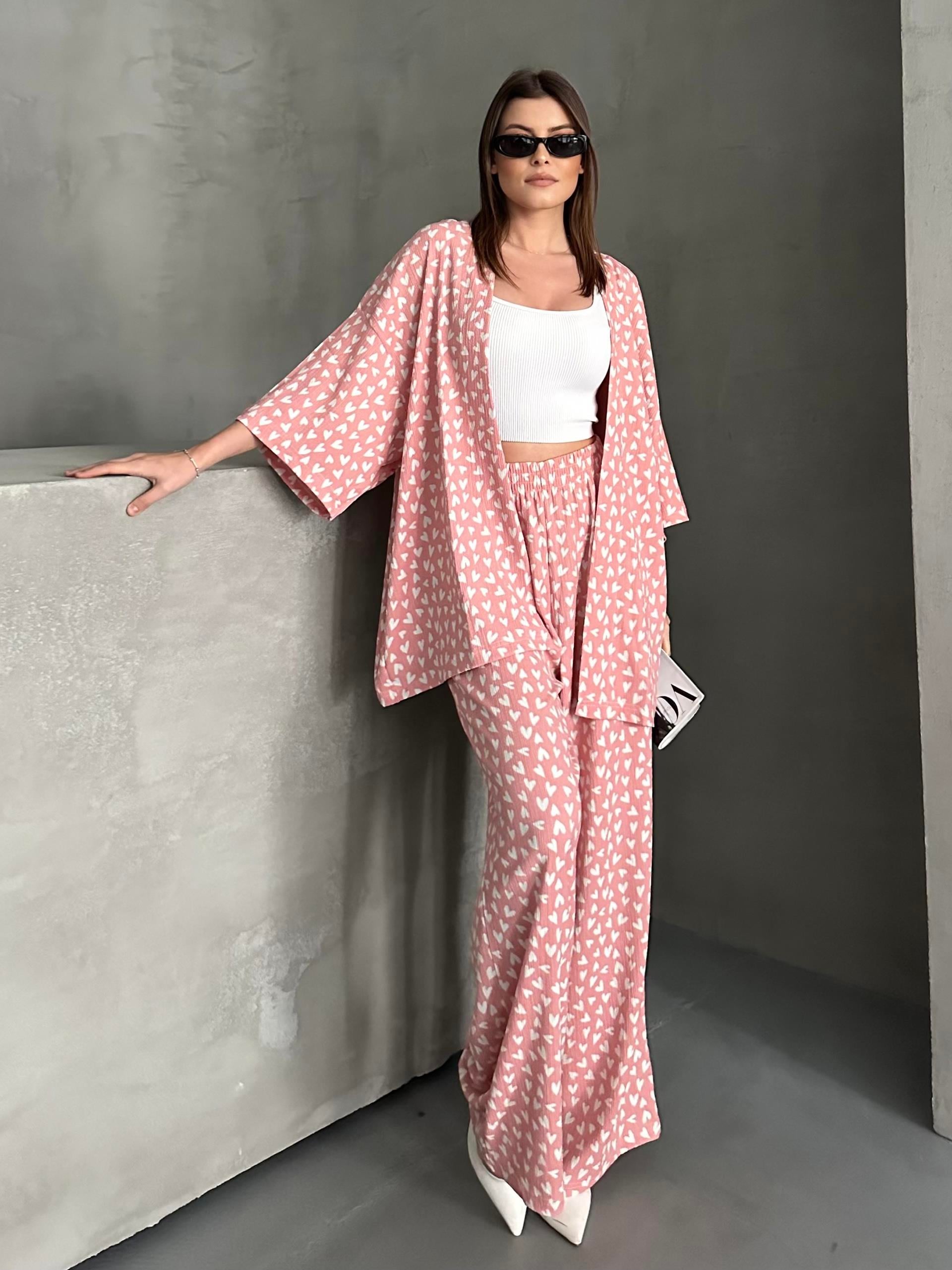 Mini Kalpli Pembe Kimono İkili Takım